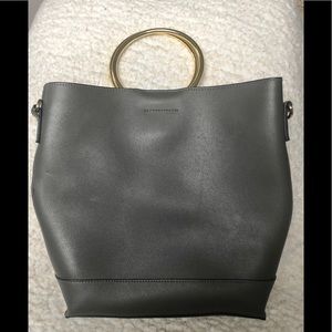 Grey faux leather bag w gold ring handles